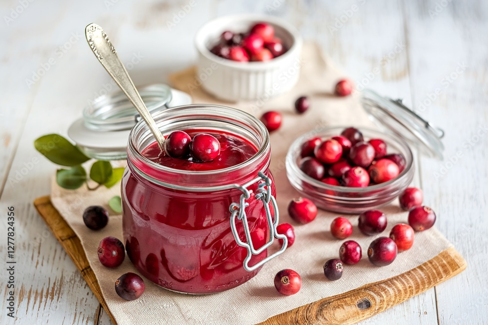 Cranberry curd with fresh cranberries in a jar Cranberry curd with fresh cranberries in a jar