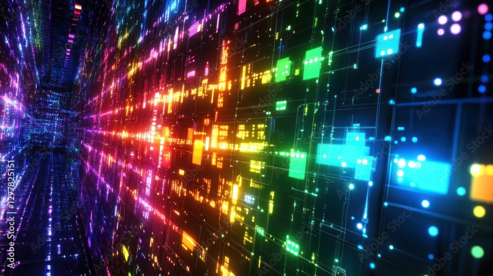 Abstract digital landscape with vibrant colors and patterns representing data flow in a futuristic environment