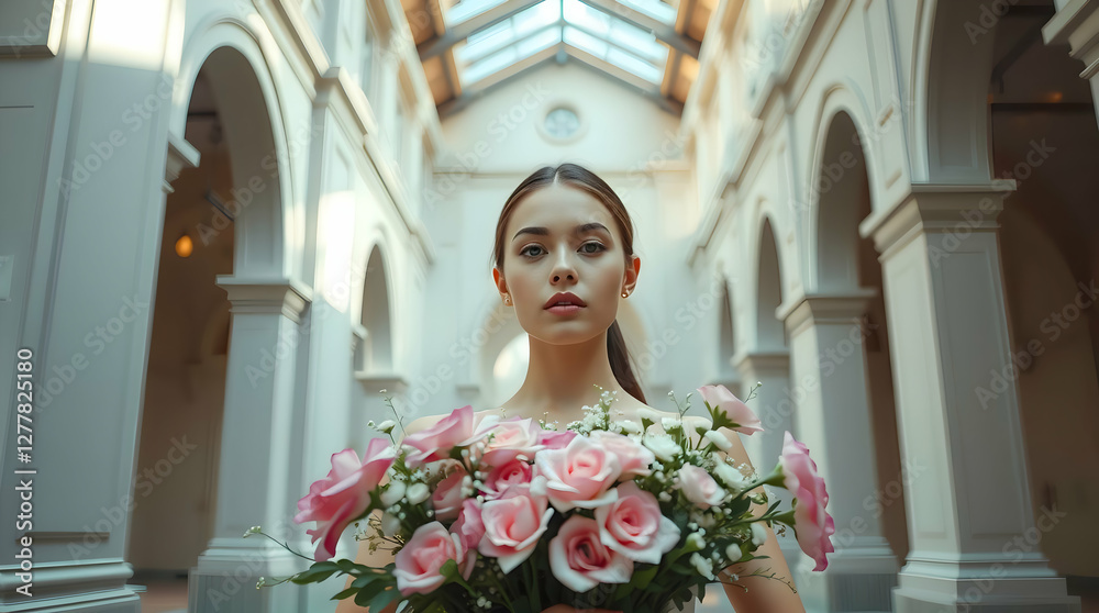 Fototapeta premium bride in wedding dress with bouquet