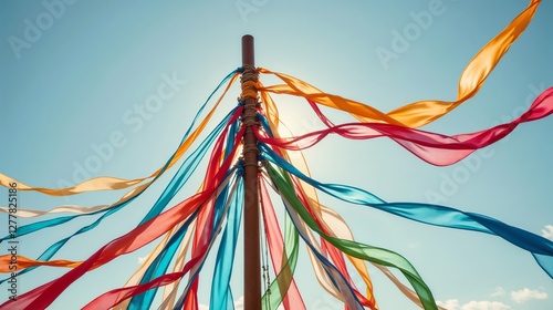 Colorful ribbons fluttering in the wind around a tall pole during a festival celebrating local traditions in a sunny outdoor setting