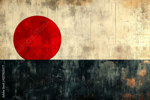 Distressed Flag with Red Disc on Cream and Dark Brown Weathered Texture