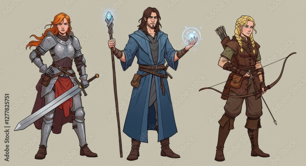 Fototapeta premium Fantasy characters: knight, mage, and archer in medieval attire