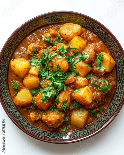 Aromatic aloo gobi in decorative bowl close up overhead shot showcasing indian cuisine and culinary art with vibrant colors and appetizing presentation