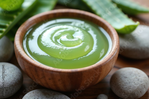 Pure Aloe Vera Gel in Wooden Bowl with Zen Spa Elements