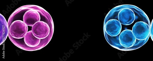 3D illustration of pink and blue embryo cells in the process of division, showcased against a black background, representing biology, reproduction, and cellular development.
 photo