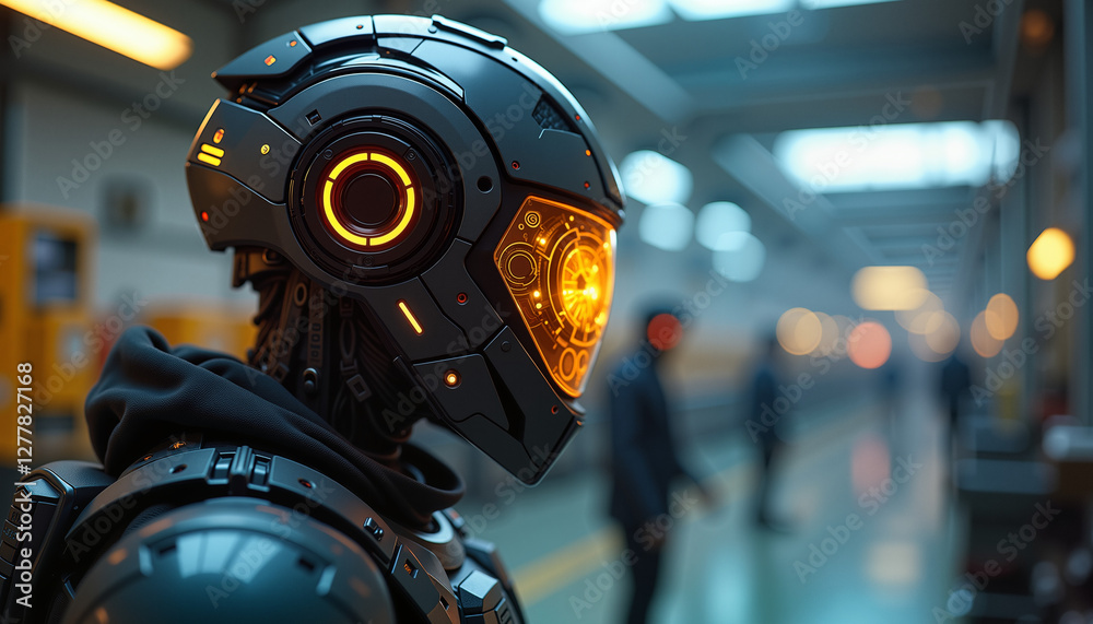 Futuristic robotic helmet with glowing orange lights Futuristic robotic helmet with glowing orange lights
