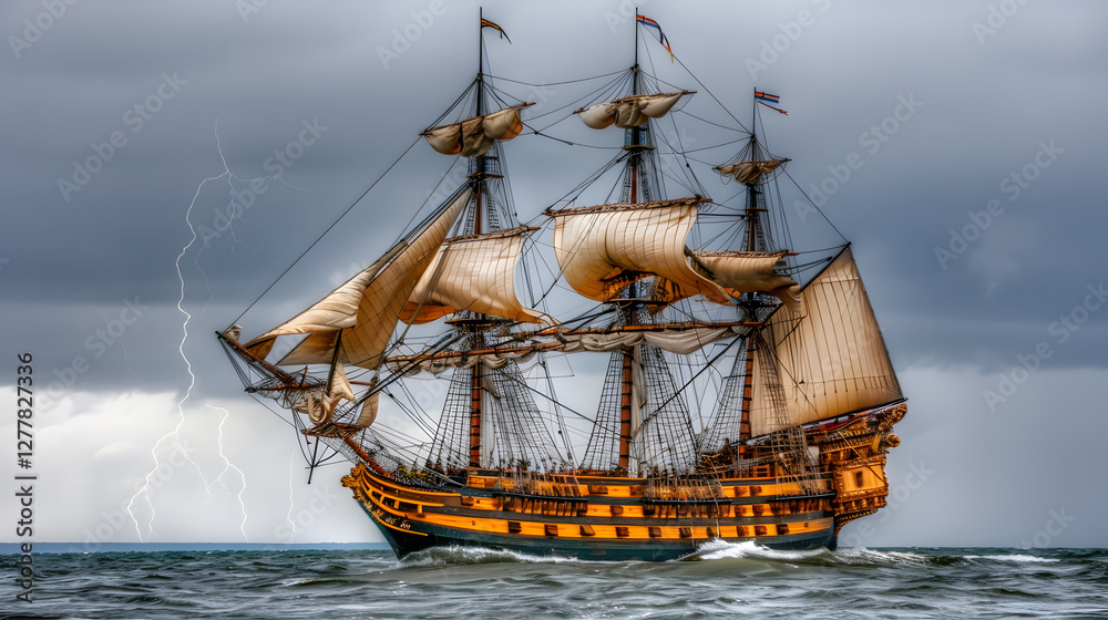 Fototapeta premium Majestic sailing ship braving a dramatic stormy sea with lightning striking in the background.