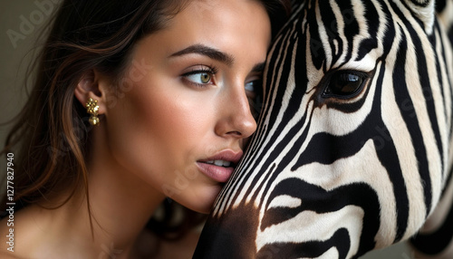 closeup portrait of a beautiful woman hugging the pretty zebra