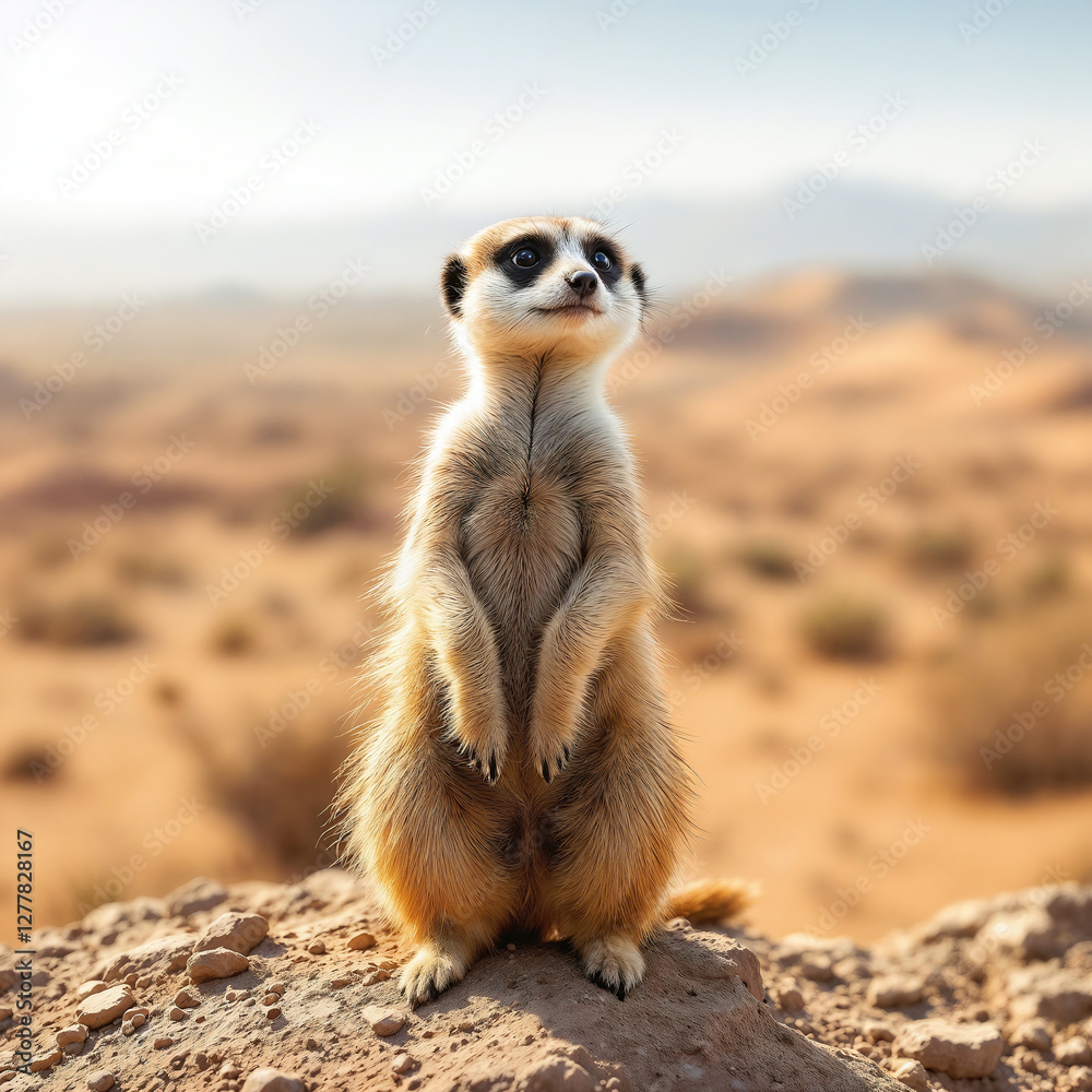 Fototapeta premium Vigilant Meerkat Standing Guard with Attentive Posture Against Sandy Desert Background