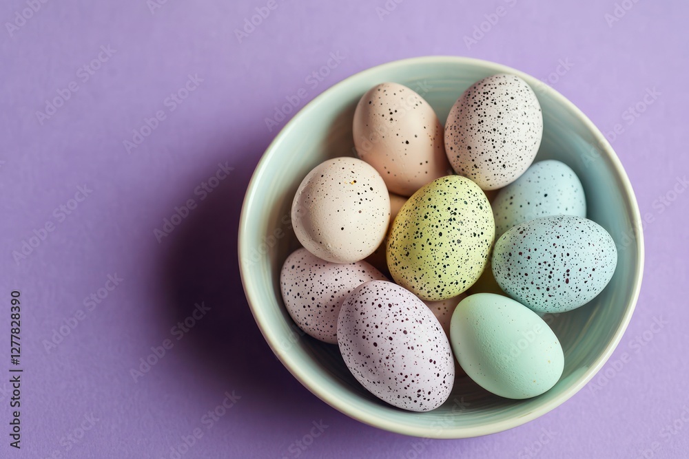 Porcelain bowl with speckled eggs, minimalist aesthetic on lavender. Porcelain bowl with speckled eggs, minimalist aesthetic on lavender.