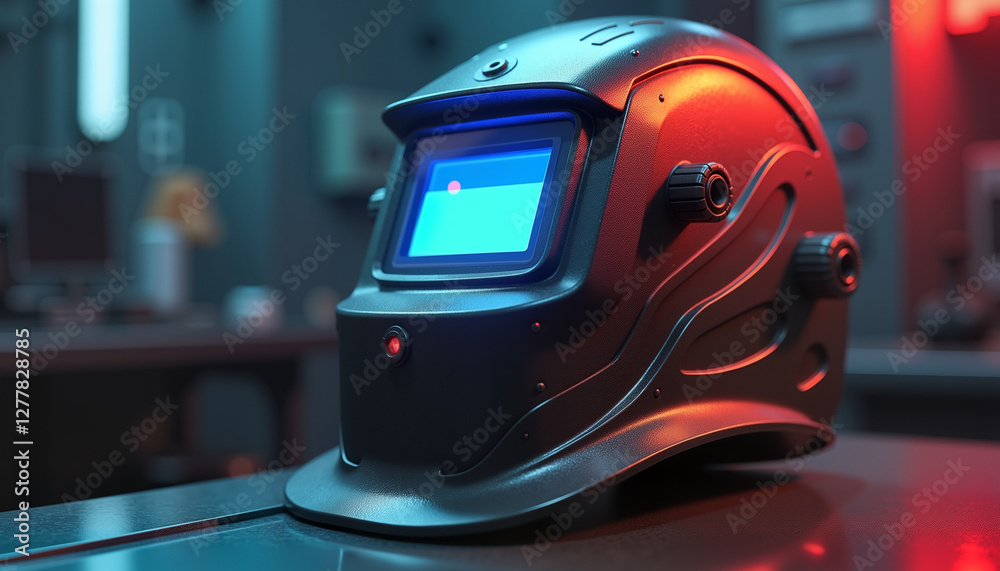 Fototapeta premium Futuristic welding helmet with glowing blue visor