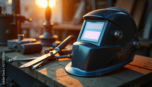 Welding helmet on a workbench with tools at sunset