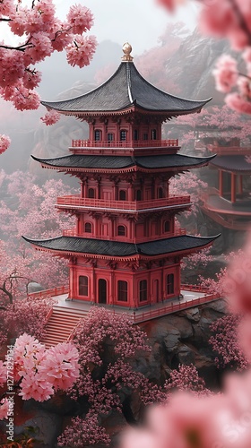 Japanese temple among pink blossoms high resolution picture