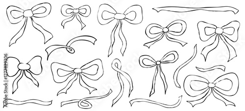 Bow coquette set on hand drawn style. Bow for gift vintage. Coquette trendy design. Vector illustration