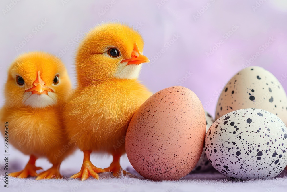 Easter theme with speckled eggs and orange chicks on lavender. Easter theme with speckled eggs and orange chicks on lavender.