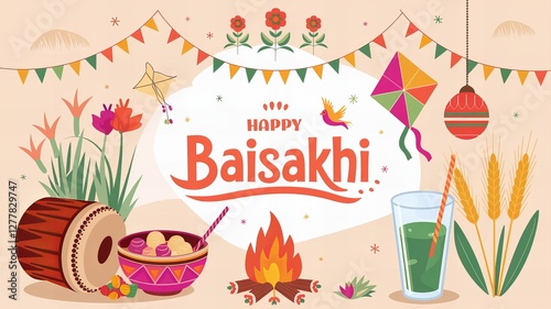 Colorful Baisakhi festival celebration with a traditional bonfire, dhol drum, sweets, lassi, festive decorations, and cultural elements, symbolizing joy, prosperity, and the vibrant spirit of the Punj photo