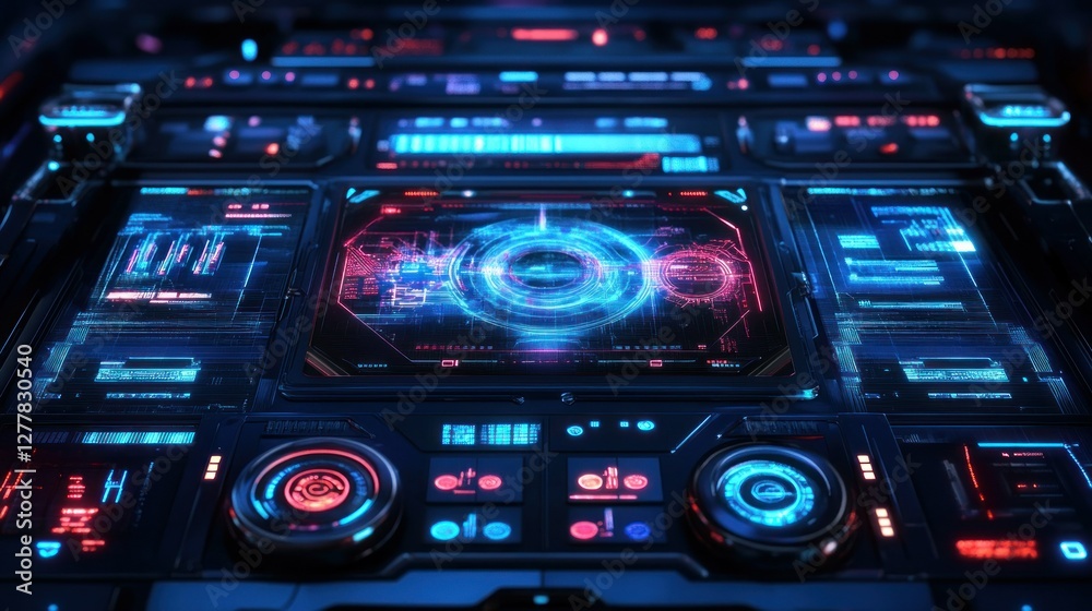 Obraz premium Futuristic control panel interface displaying intricate holographic data visuals and glowing elements