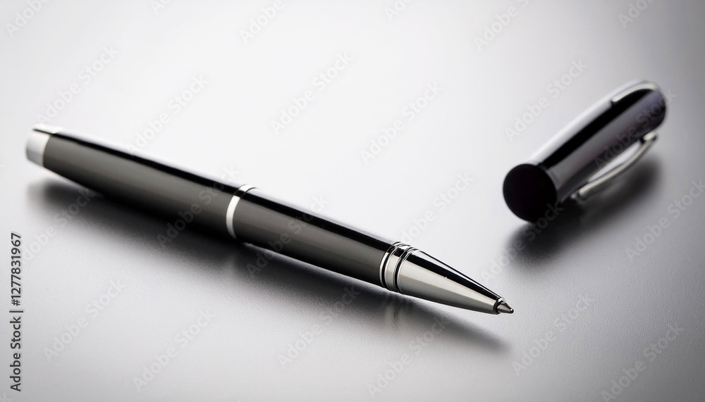 close up of a pen, A sleek black ballpoint pen with silver accents resting on a reflective white surface, pen is elegance, making it suitable for business, office, writing, and productivity themes close up of a pen, A sleek black ballpoint pen with silver accents resting on a reflective white surface, pen is elegance, making it suitable for business, office, writing, and productivity themes