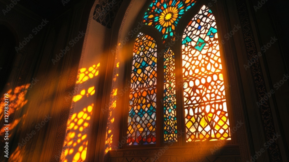 Obraz premium Sunlit Stained Glass Window in Ancient Church