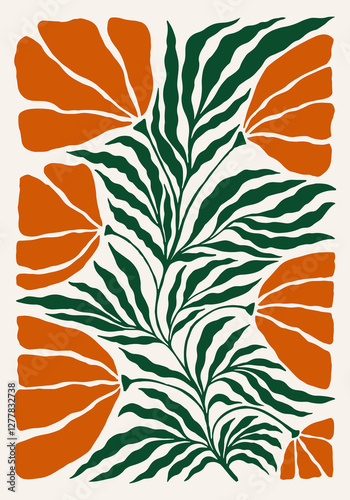 Trendy botanical wall art with wild floral plants, leaf in hippie style.