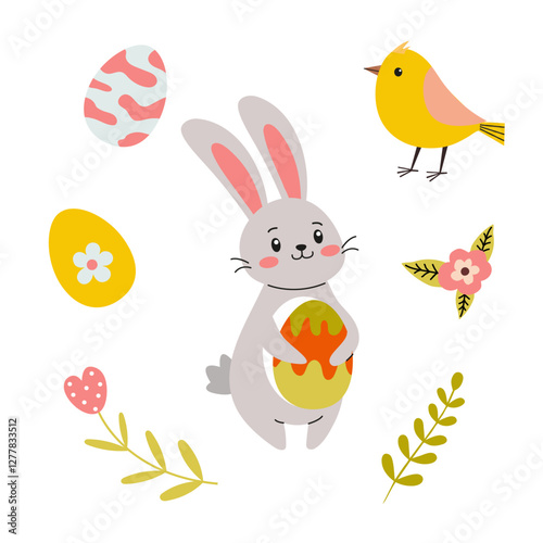 Cute bunny holds colorful egg surrounded by spring elements like flowers and a bird