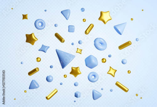 3D confetti pattern with golden stars and blue geometric shapes. Flying metallic cylinders and spheres, triangles and sparkly decorative elements. Dynamic festive composition for celebration design.