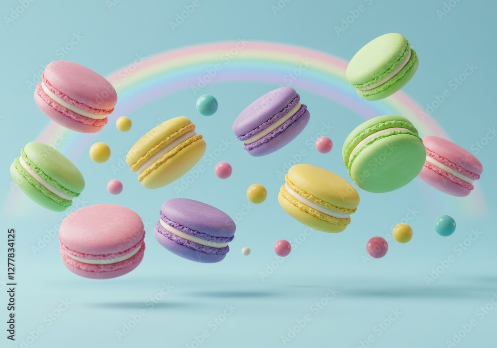Obraz premium Colorful macarons floating with pastel rainbow and candy balls against blue background