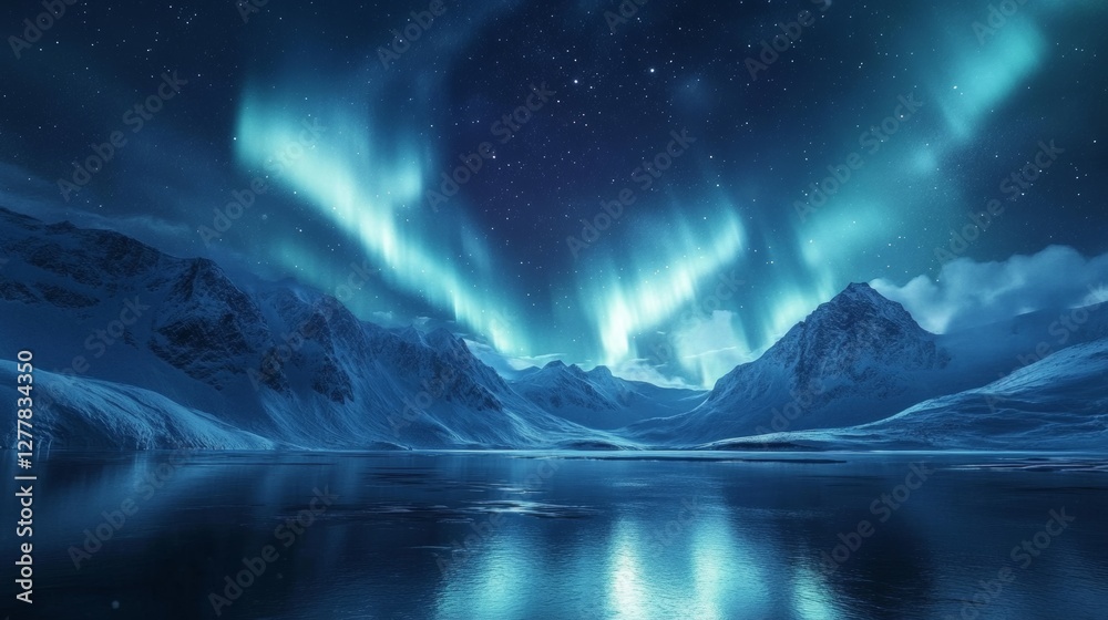 Fototapeta premium Northern Lights over lake. Aurora borealis with starry in the night sky. Fantastic Winter Epic Magical Landscape of snowy Mountains.