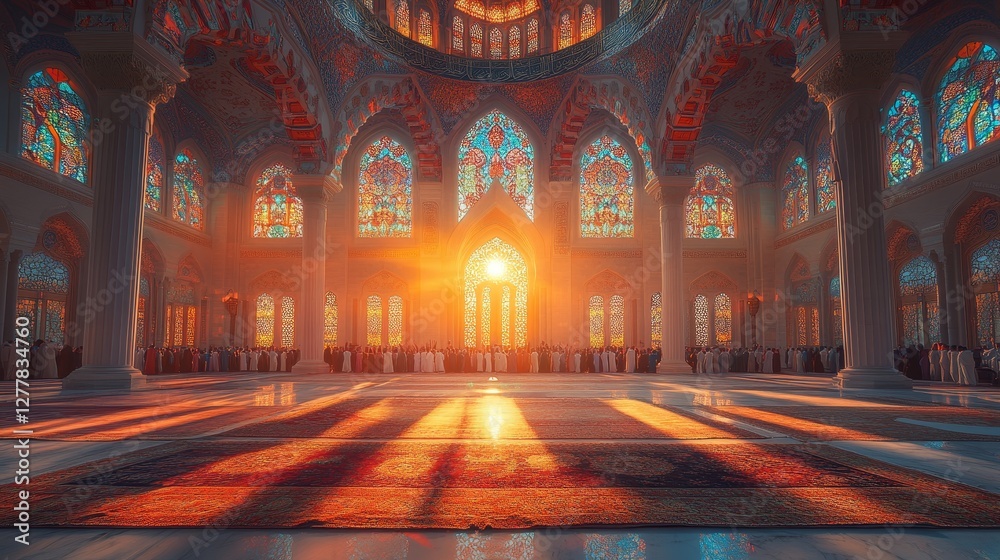 Obraz premium Sunlight illuminating grand mosque interior with colorful stained windows and ornate architecture