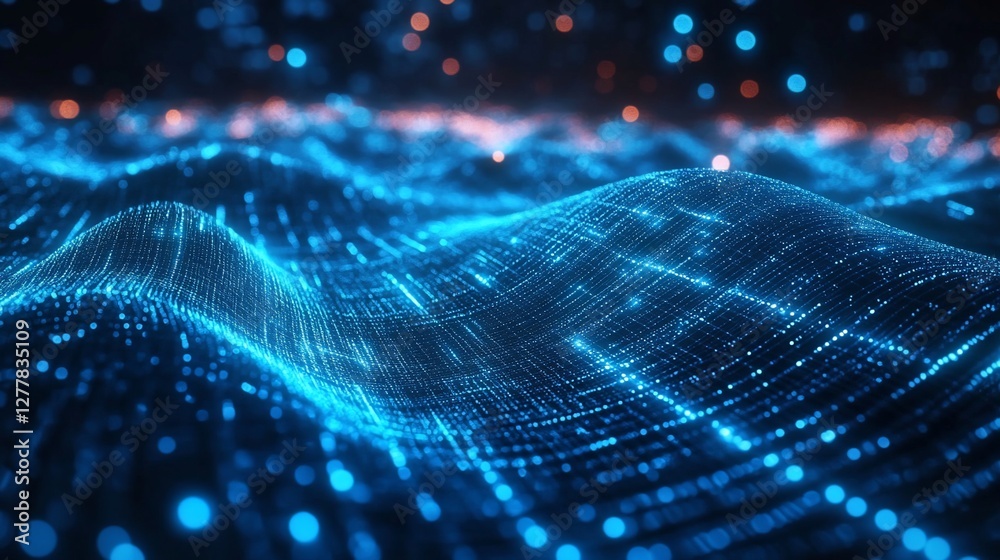 Abstract Blue Data Wave, Digital Landscape, Particle Background, Tech Concept Abstract Blue Data Wave, Digital Landscape, Particle Background, Tech Concept