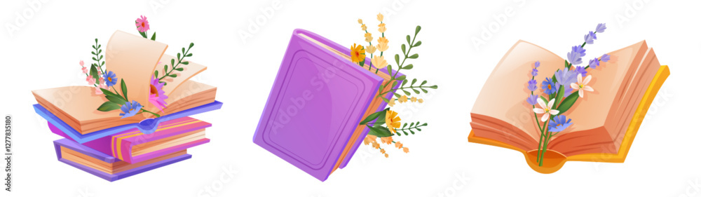 Fototapeta premium Decorative flower book illustrations with open pages, gentle blooms, stacked paper literature, colorful covers, green grass and leaves. Romantic cartoon design elements for reading hobby design.