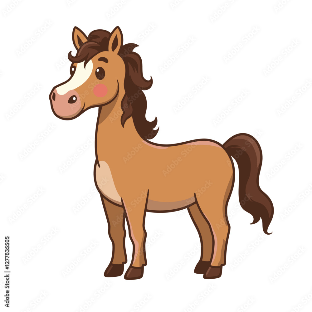 A charming cartoon horse with a light brown coat dark brown mane and tail and a blaze on its face perfect for children's books A charming cartoon horse with a light brown coat dark brown mane and tail and a blaze on its face perfect for children's books