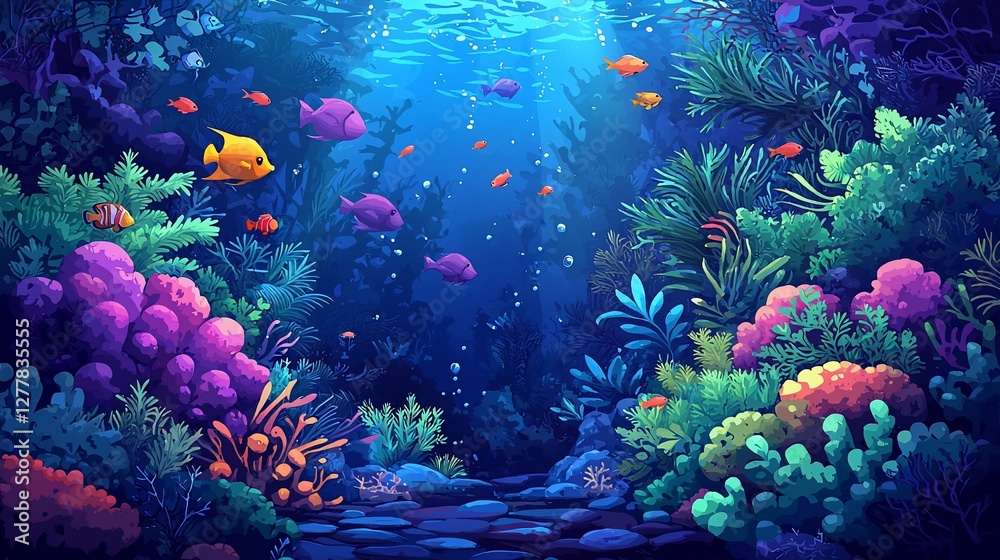 Fototapeta premium Vibrant underwater scene with colorful coral reef, fish, and plants.