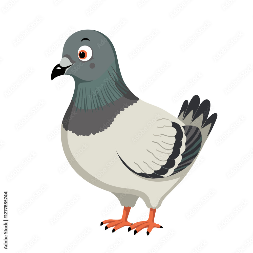 A cartoon pigeon with gray and feathers stands against a clean backdrop ready for storytime or educational materials A cartoon pigeon with gray and feathers stands against a clean backdrop ready for storytime or educational materials