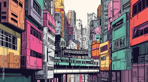 Vibrant cityscape with train and colorful multistory buildings photo