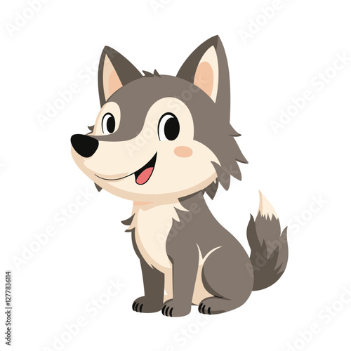 A friendly cartoon wolf sits patiently its gentle expression inviting connection Ideal for children's content with its simple and engaging design