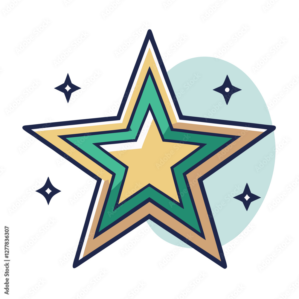 Obraz premium Layered star design with green and gold accents, A bold and vibrant star with layered colors, featuring shades of green, gold, and small sparkling accents, perfect for modern graphics. 