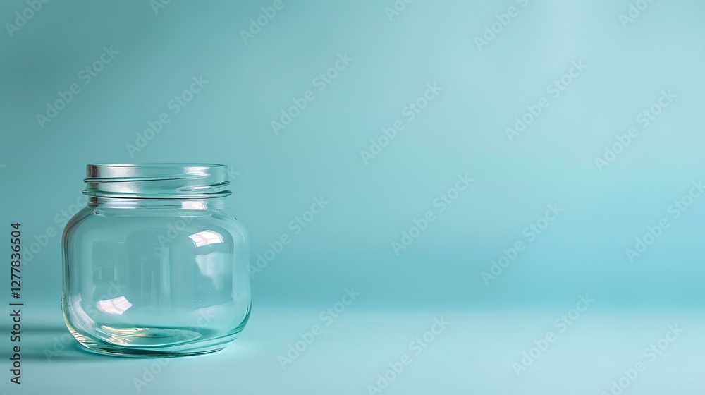 An empty glass jar with a textured surface on a solid blue backdrop, adding visual interest An empty glass jar with a textured surface on a solid blue backdrop, adding visual interest