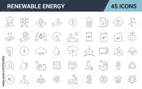 Renewable Energy line editable Icons set. include, Sunlight, Gas , Wind, Water, Biofuel, Biogas, Biodiesel and Solar Panel, vector illustration.