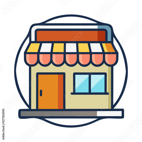 Colorful Storefront with Awning Vector Design, A vibrant vector illustration of a storefront with a striped awning and a door, perfect for retail, business, or urban designs.
