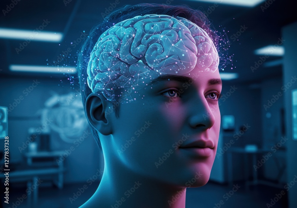 Obraz premium Futuristic human brain interface with glowing neural connections