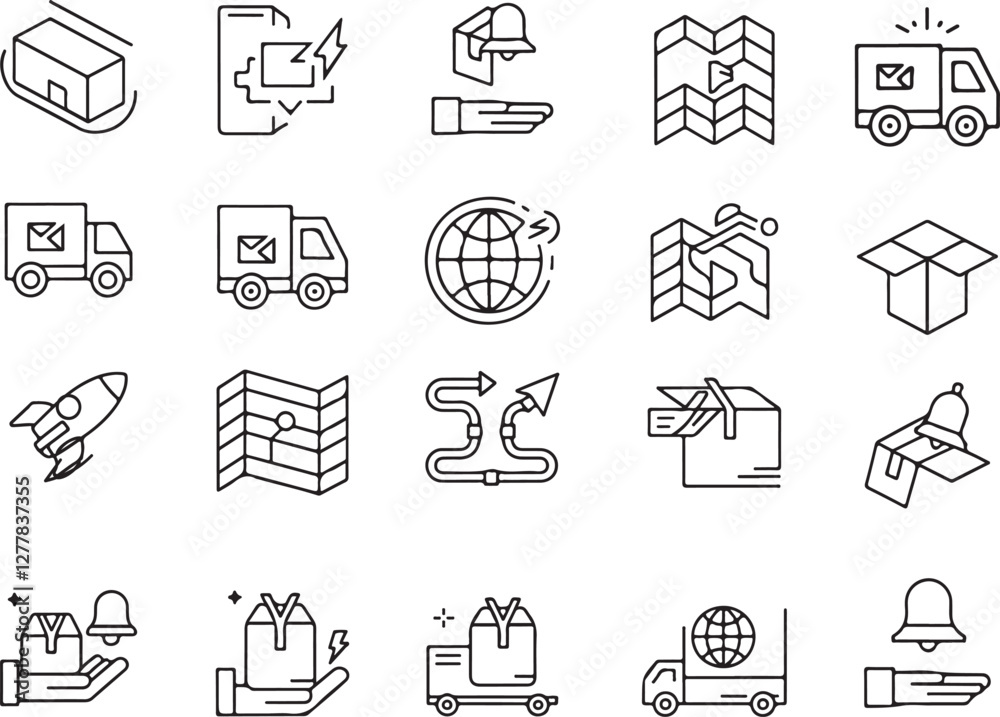 Fototapeta premium Set of Delivery, Logistics, and Shipment Icons Vector Graphics for Transportation and Shipping