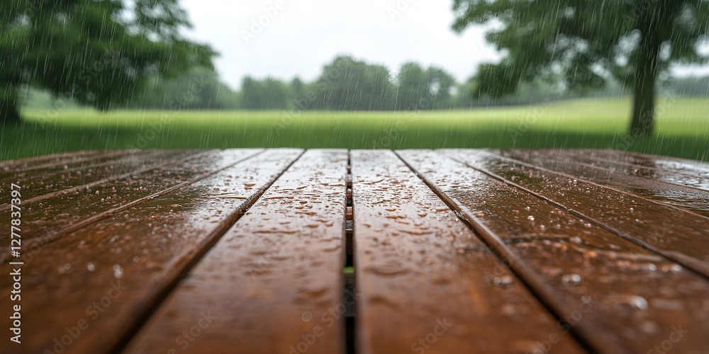 Obraz premium A wooden table with raindrops on it, overlooking green fields and trees in the background. The focus