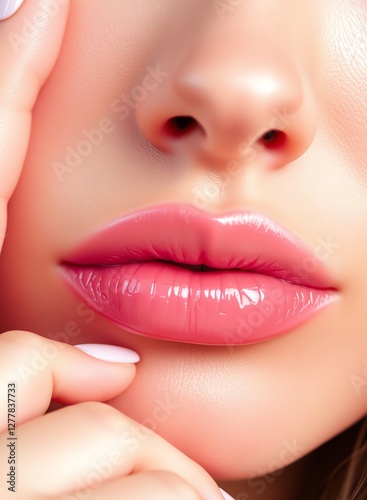 an image of a woman with a pink lip and nails, there is a close up of a woman ' s lips with a pink lip photo