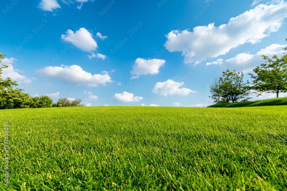 Sunny meadow with blue sky and clouds. Park or picnic background Sunny meadow with blue sky and clouds. Park or picnic background
