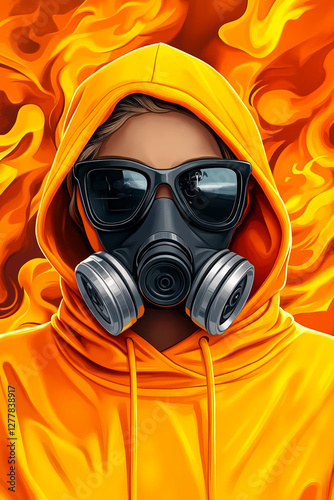 A woman wearing a gas mask and sunglasses in front of a fire