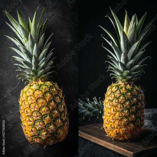 Two close up pictures of a pineapple. The first picture is of a whole pineapple, while the second picture is of the pineapple's crown. Scene is bright and cheerful photo