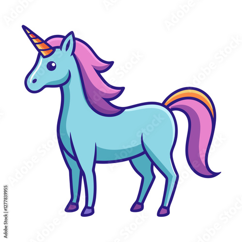 Cartoon Unicorn with Colorful Mane and Tail, A vector illustration of a cute cartoon unicorn with a vibrant colorful mane and tail, perfect for fantasy and children's themes.
