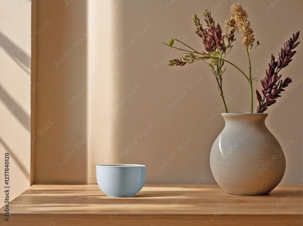 A vase and cup on wooden surface A vase and cup on wooden surface