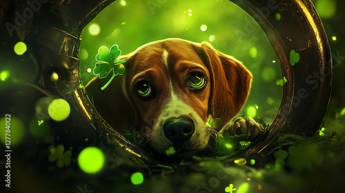 Celebrate st. Paddy's day with a cuddly dog in a green wonderland nature whimsical scene enchanting atmosphere